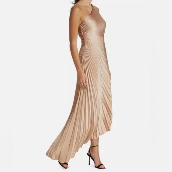 A.L.C. Delfina Asymmetrical Pleated Dress NWT Size 6 Champagne - Picture 2 of 10